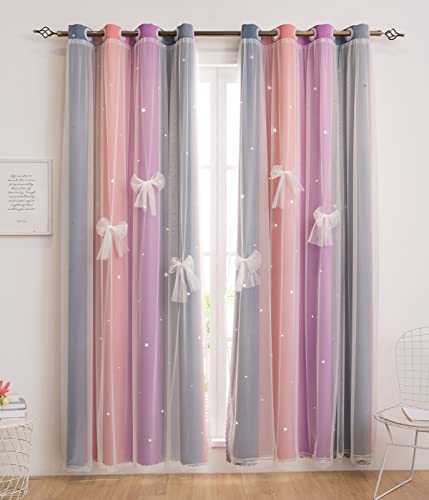 Yancorp Vorhänge für Mädchen, Schlafzimmer, Kinderzimmer, bunt, Fenstervorhang, 183 cm Länge, Raumverdunkelung, Ösen, 2 Schichten (Violett, Rosa, Grau, B 132 x L 182,9 cm)