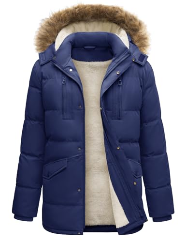 TOMEEK Herren Winterjacke Wasserabweisend Lange Mantel Herren Winterparka Windabweisend Outdoor Jacken puffer Sherpa Jacke Wintermantel Abnehmbare Kapuze(Marineblau,L)