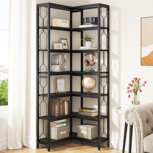 Tribesigns Eck-Bücherregal, 7-stöckiges Industrielles Eckregal, Holz und Metall Ecke Etagere Bücherregal, Freistehendes Lagerregal für Wohnzimmer, Küche, Home Office (Schwarz)