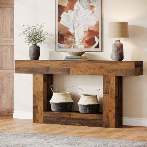 Tribesigns Konsolentisch, 160 cm lang, 2-stöckiger Eingangstisch, Sofatisch mit Stauraum, Bauernhaus-Holz hinter Couchtisch für Wohnzimmer, Flur (Rustikales Braun-Mischung)