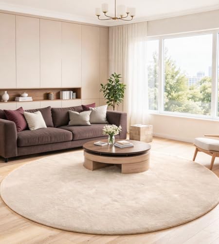 ROHATIM Teppich rund 120 cm Beige, Kunstfell, flauschig, waschbar
