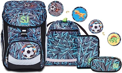 SJ Schulranzen Set 4-teilig Ergonomischer Schulrucksack, Ultraleichte Schultasche, 22 LT, ab 1. Klasse mit Mäppchen und Turnbeutel, Kinder Grundschule Mädchen Junge, grau/blau