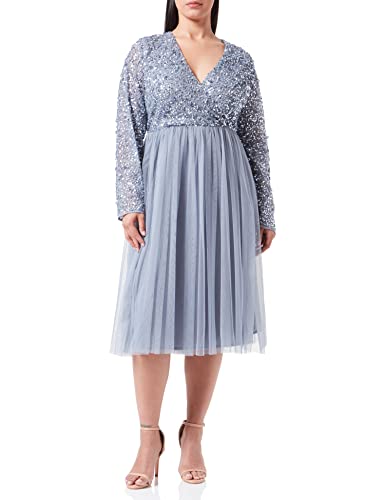Maya Deluxe Damen Maya Faux Warp Front Embellished Midi Bridesmaid Dress, Dusty Blue, 52 EU