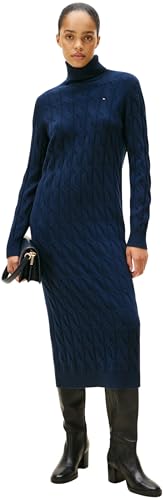 Tommy Hilfiger Damen Pullover-Kleid Soft Wool Cable mit Rollkragen, Blau (Dark Night Navy), XXS