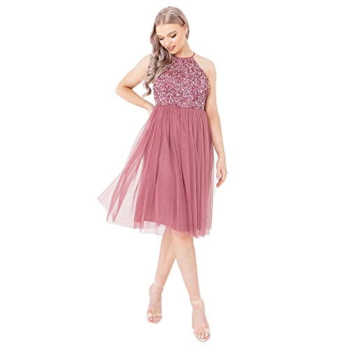 Maya Deluxe Damen Womens Ladies Midi Dress with Halter Neck Tulle for Evening Graduation Prom Wedding Bridesmaids Ball Gown Brautjungfernkleid, Desert Rose, 52, 6134-MIDIA