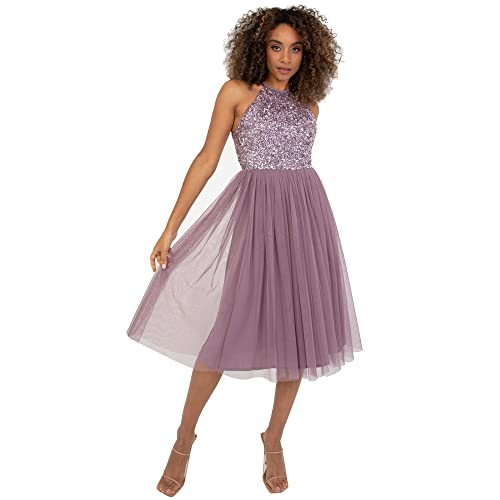 Maya Deluxe Damen Maya Deluxe Women's Midi Dress With Halter Neck Tulle for Evening Graduation Prom Wedding Bridesmaid Brautjungfernkleid, Moody Lilac, 56 EU