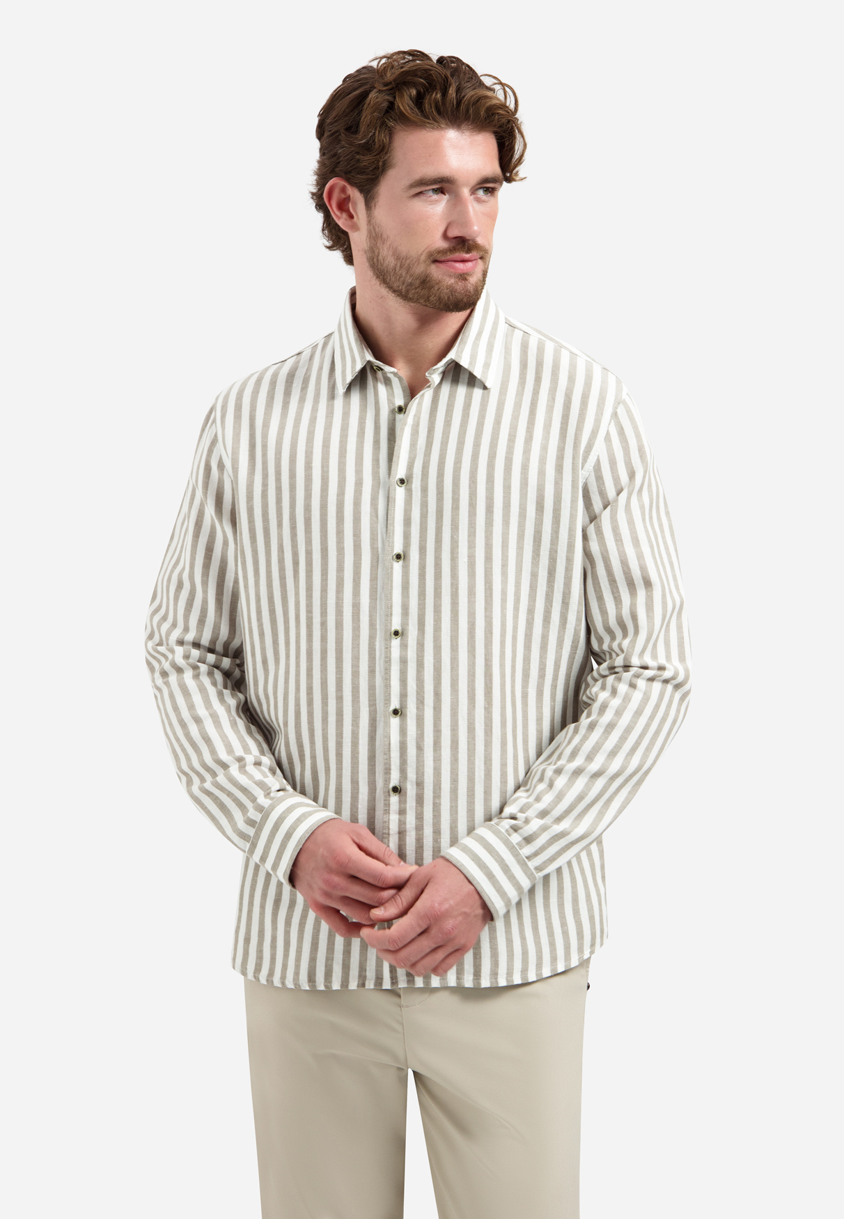 No Excess Overhemd Vertical Big Stripe With Linen Taupe (31470224 - 044)