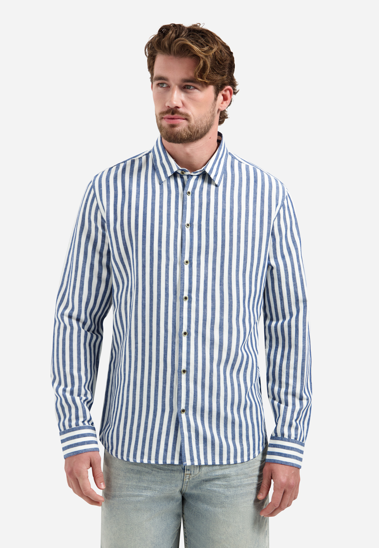 No Excess Overhemd Vertical Big Stripe With Linen Indigo Blue (31470224 - 136)
