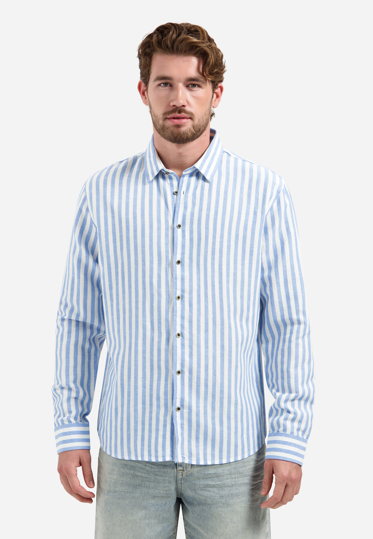 No Excess Overhemd Vertical Big Stripe With Linen Blue (31470224 - 030)