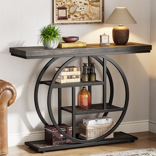 Tribesigns Konsolentisch Schmal 105 x 30 cm, Flurtisch mit 4 Ablagen, Industrieller Eingangstisch mit Rundem Metallrahmen, Flurkonsole für Kleine Räume, Wohnzimmer und Foyer, Anthrazitschwarz