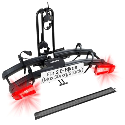 Favoto E-Bike Fahrradträger mit Klappbarer Rampe – Aluminium Heckträger für 2 Fahrräder bis 60 kg mit Rücklicht Diebstahlsicherung & Nummernschildhalter max 26x4.0 Reifen