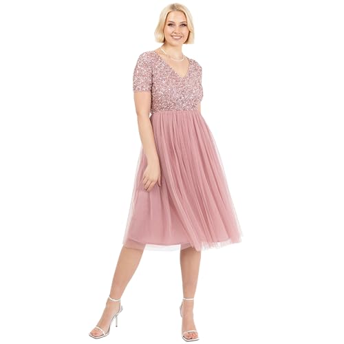 Maya Deluxe Damen Maya Deluxe Embellished Midi Evening Dress for Women Ladies V Neckline with Short Sleeve for Prom Wedding Brautjungfernkleid, Vintage Rose,