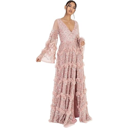 Maya Deluxe Damen Ladies Womens Maxi V Neckline Sequin with Ruffle Empire Waist Slit Split for Prom Ball Bridesmaid Wedding Guest Dress, Frosted Pink, 40 EU