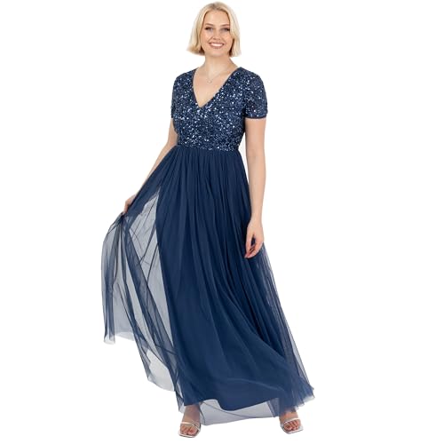 Maya Deluxe Damen Ballkleid Abendkleid V-Ausschnitt Maxi Länge Pailletten Kurze Ärmel Für Hochzeit Geburtstag Brautjungfer Bridesmaid Dress, French Navy, 50 EU