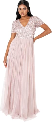 Maya Deluxe Abendkleid mit Pailletten Cocktailkleid Damen mit V-Ausschnitt Tüllkleid Rosa Größe 36