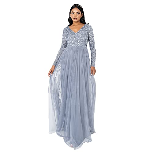 Maya Deluxe Damen Womens Ladies Dress Long Sleeve for Wedding Guest V Neck High Empire Waist Maxi Long Length Evening Bridesmaid Prom Kleid, Dusty Blue, 26