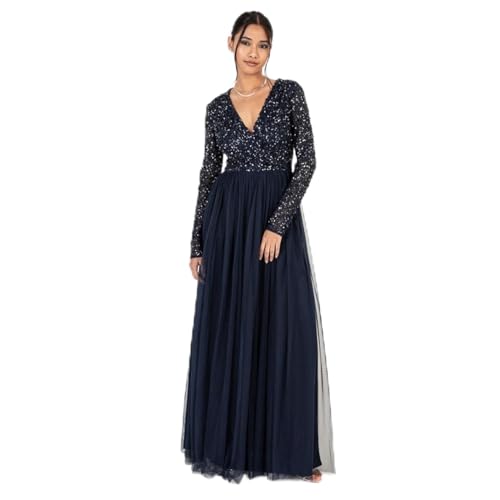 Maya Deluxe Damen Ladies Maxi Dress For Women With Long Sleeves V Neckline Plunging Sequin Embellished For Wedding Gue Kleid, Navy, 44 EU
