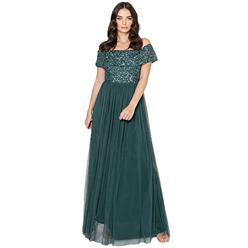 Maya Deluxe Damen Maya Deluxe Women's Bardot for Women Maxi Embellished Hight Empire Waist Sleveless Tulle W Bridesmaid Dress, Emerald Green, 38 EU