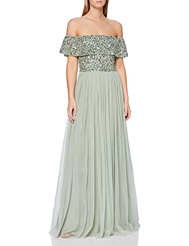 Maya Deluxe Damen Maya Deluxe Evening Women's Bardot Sequin Embellishment Evening Elegant Bridesmaid Dress, Green Lily, 38 EU