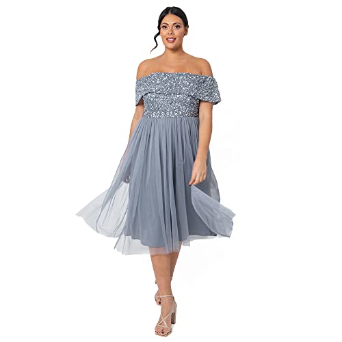 Maya Deluxe Damen Bardot - Midi-Kleid mit Verzierungen Bridesmaid Dress, Dusty Blue, 42 EU