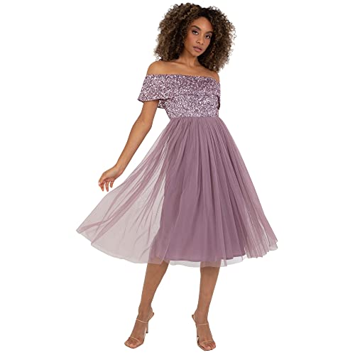 Maya Deluxe Damen Maya Deluxe Dames Bardot Jurken Voor Vrouwen Midi Hoge Empire Taille Sequins Versierd Formeel Evenem Brautjungfernkleid, Moody Lilac, 54 EU