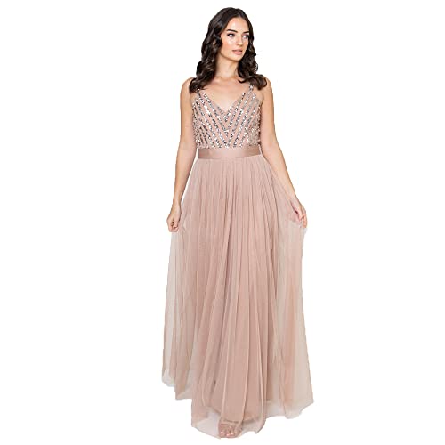 Maya Deluxe Damen Maya mouwloze streep Embellished maxi jurk Prom Kleid, Taupe Blush, 54 EU