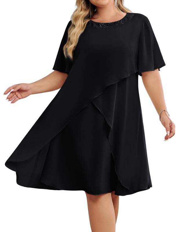 Hanna Nikole Abendkleider Elegant FüR Hochzeit Damen Festlich Kleider GroßE GrößEn Chiffon Kleider Mit Pailletten Rundhalsausschnitt Elegant Cocktailkleid Midikleid FüR Die Brautmutter