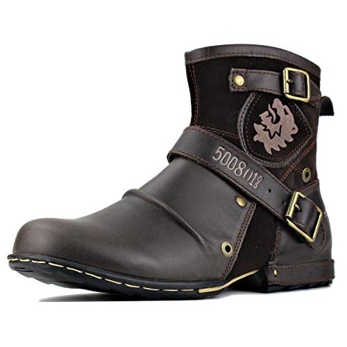 OSSTONE Herren Stiefel aus Rindsleder, Lederstiefel mit Gummisohle Biker Boots mit Reißverschluss, 6.5" Männer Stiefeletten mit 0.98" Absatz 5008-1-DE, Glattes Dunkelbraun,US8.5(EU42)