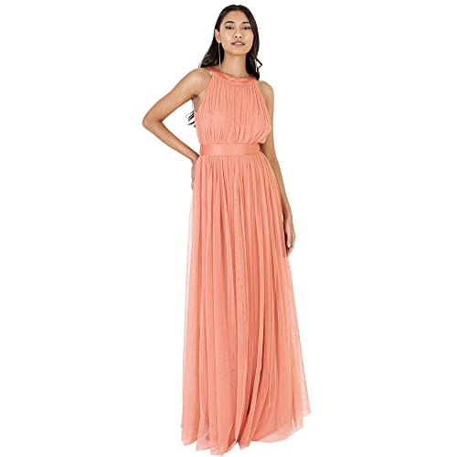 Anaya with Love Damen Ladies Maxi Dress for Women Halter Neck Long Sleeveless with Belt A Line Evening Gown Ball Prom Wedding Guest Bridesmaid Kleid, Coral Pink,