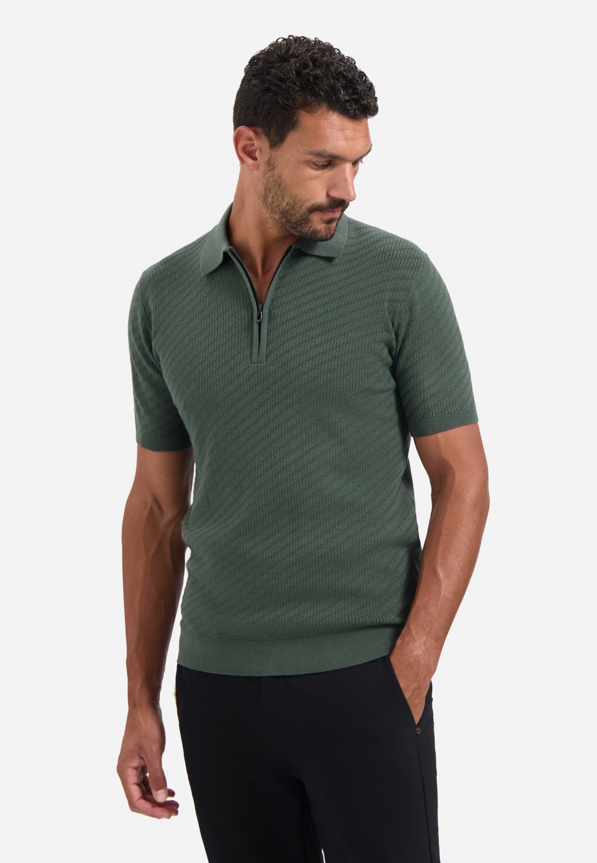 No Excess Pullover Short Sleeve Polo Zip Solid Jacquard Dark Green (29240815 - 052)