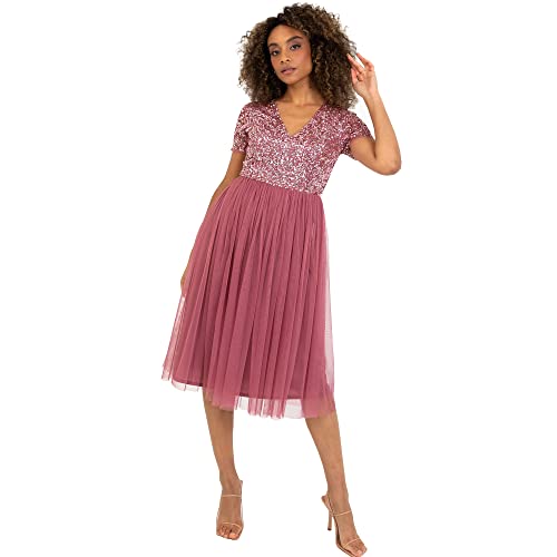 Maya Deluxe Damen Midi-Kleid mit V-Ausschnitt, Verziert Brautjungfernkleid, Desert Rose, 54