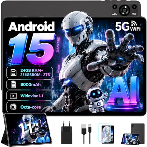 2026 Neueste Tablet 11 Zoll Android 15 Tablets, 8000mAh, Gemini AI, 24GB RAM + 256GB ROM(TF 2TB), Widevine L1, Octa-Core 2.0GHz, Widevine L1, 5G WLAN, GPS, Face ID, Tablet mit Schutzhülle - Schwarz