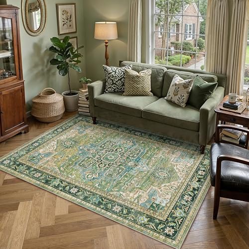 PureCozy Vintage Teppich Wohnzimmer 160x230cm Grün Waschbar Carpet Rug