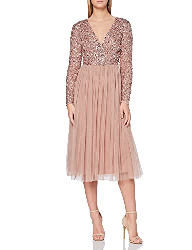 Maya Deluxe Damen Maya Faux Warp Front Embellished Midi Bridesmaid Dress, Pale Mauve, 40 EU
