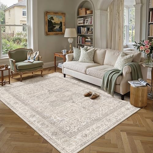PureCozy Vintage Teppich Wohnzimmer 160x230cm Beige Waschbar Carpet Rug