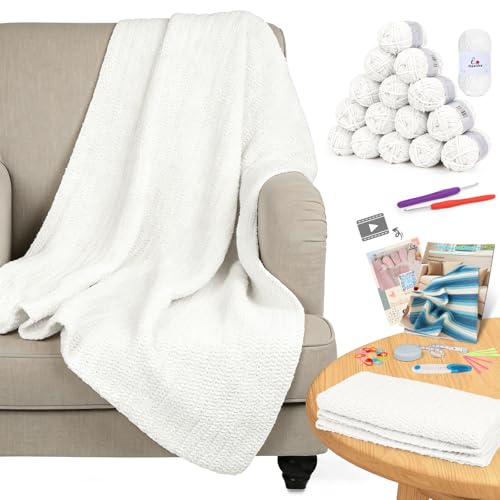 Aeelike Chenille Wolle Decke Häkelset für Anfänger, Weiß Häkeln-Set Decke