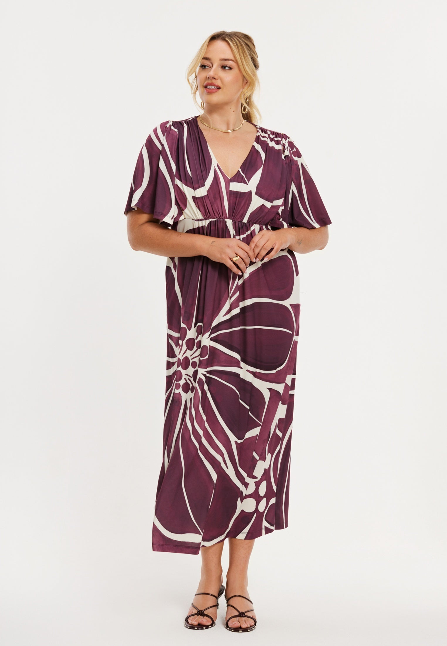 Jurk met V-hals FLORAL MERLOT