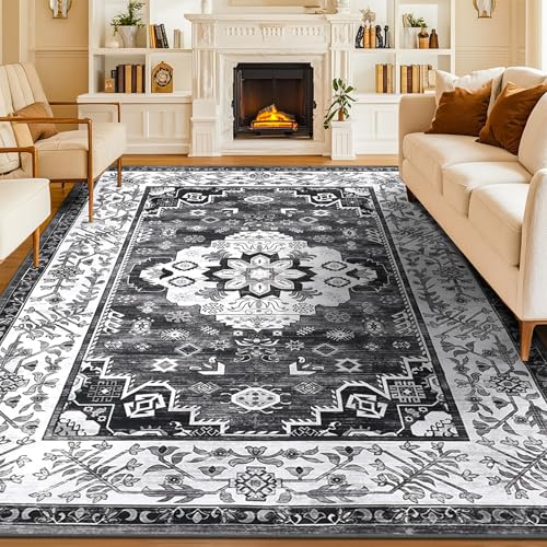 Enyhom Boho Großer Teppich, 160 x 230cm rutschfest Waschbar Bodenteppich Vintage Hochwertiger Weich Wohnzimmerteppich Robuste Kurzflor Flächenteppiche für Schlafzimmer Küche Esszimmer, Dunkelgrau