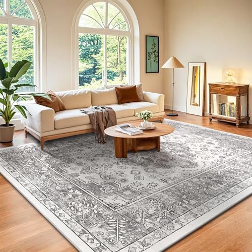 Enyhom Teppich Wohnzimmer 200 x 290 cm Großer Schlafzimmer Waschbarer Teppich Vintage Kurzflorteppich rutschfest Weich Flauschig Teppiche für Wohnzimmer Esszimmer Büro Küchen, Grau