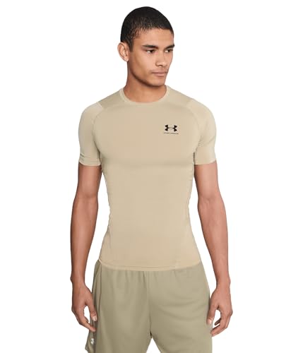 Under Armour HeatGear Kompressions-T-Shirt für Herren, kurzärmelig, City Khaki/Schwarz, Groß