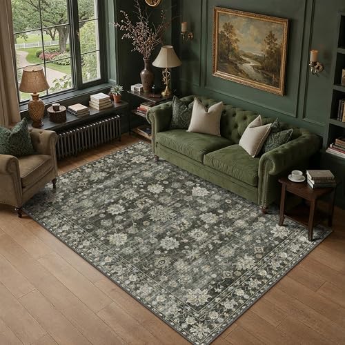 PureCozy Vintage Teppich Wohnzimmer 160x230cm Grün Waschbar Teppiche Rug