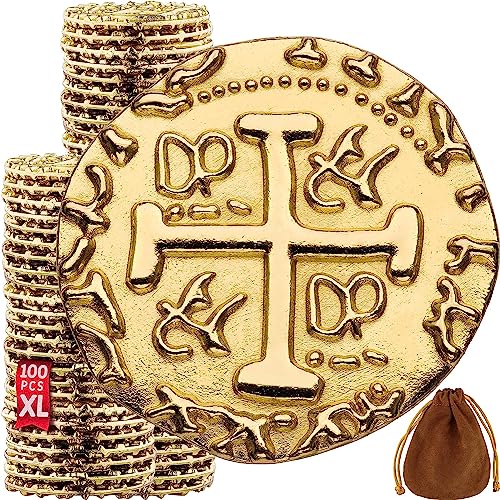 Leib Games Piraten Münzen Zubehör, 100 Goldmünzen-Set, Metall Goldtaler Deko Dublonen für DND Brettspiele, Cosplay, Realistische Mittelalter Geld-Imitation, Piratenschatz, XL Größen