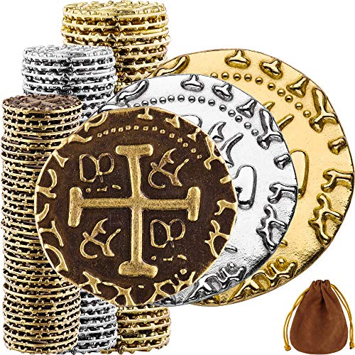 Piraten Münzen Zubehör, 102 Bronze, Silber & Goldmünzen-Set, Metall Goldtaler Deko Dublonen für DND Brettspiele, Cosplay, Realistische Mittelalter Geld-Imitation, Piratenschatz - M, L, XL Größen Mix
