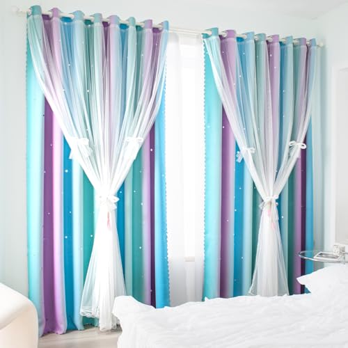 Yancorp Kinder Prinzessin Vorhänge für Mädchenzimmer, Sternmuster, 160 cm lang, Raffhalter und 3 Fliegen (Lila, Blaugrün, Blau), 1 Vorhang