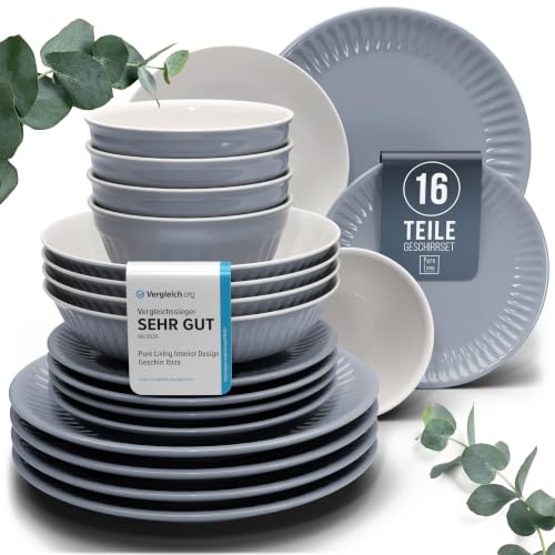 Steingut Geschirrset 4 Personen Hygge 16 tlg. TESTSIEGER, Traumhaftes Skandinavisches Steingut Geschirr Set, Schüssel- und Teller Set, Tafelservice 4 Personen, Geschirrsets Pure Living in Graublau