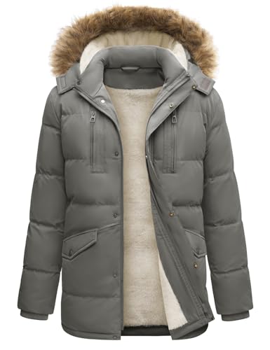 TOMEEK Herren Winterjacke Wasserabweisend Lange Mantel Herren Winterparka Windabweisend Outdoor Jacken puffer Sherpa Jacke Wintermantel Abnehmbare Kapuze(Grau,XXL)