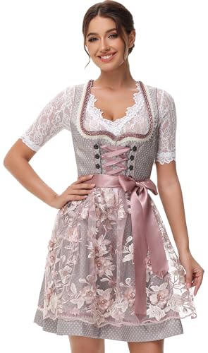 TrendiMax Trachten Damen Dirndl Midi Dirndlkleid Trachtenkleid Elegantes Kleid für Oktoberfest, inkl. Spitzenschürze 50CM, Khaki, 40