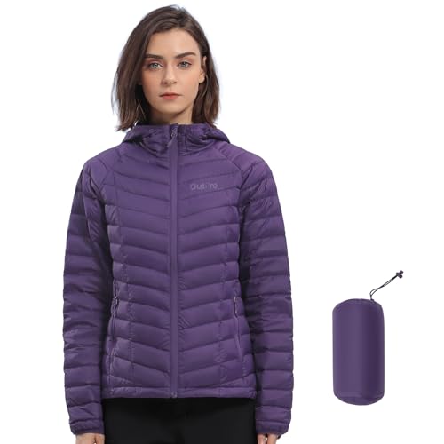 OutPro Daunenjacke Damen Leichte Packbare Übergangsjacke Warme Winterjacke mit Kapuze Outdoor für Frauen Warmes Polythermal-Futter mit Taschen für Freizeit Wandern Reisen，Violett，XL