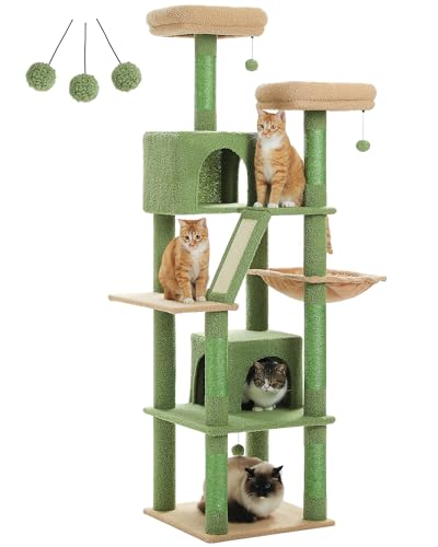 PETEPELA 180cm Kaktus Kratzbaum groß, Multi-Level Katzenbaum für große Katzen, mit 6 Sisalsäule, 2 Kratzbrettern, 2 Plattformen, 1 Hängematte, 2 Spielbälle,grün