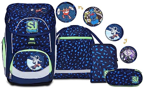 SJ GANG STYLE JAM GANG Schulranzen Set 4-teilig Ergonomischer Schulrucksack, Ultraleichte Schultasche, 22 LT, ab 1. Klasse mit Mäppchen und Turnbeutel, Kinder Grundschule, blau
